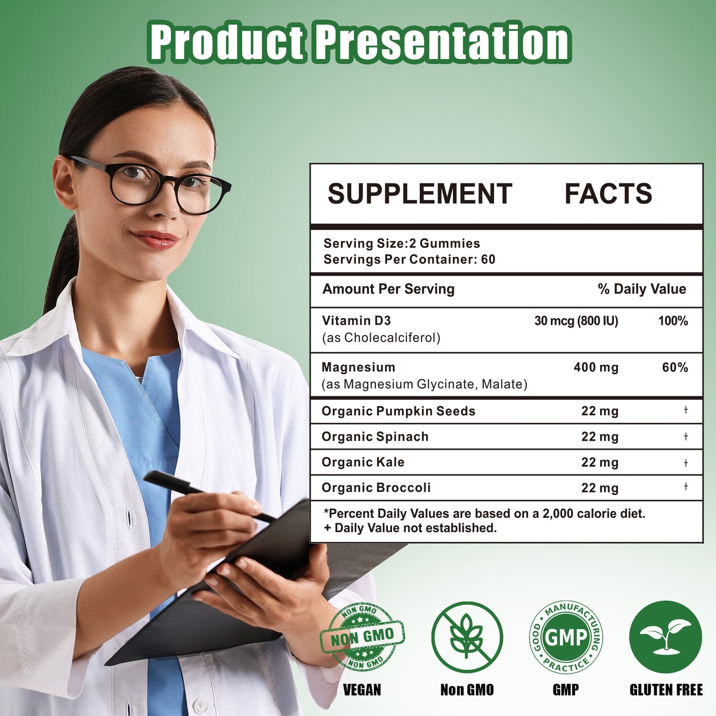 Magnesium Glycinate Gummies 400mg Supplements with Magnesium Malate & Taurate | Vitamin D3 Spinach | Kale | Broccoli