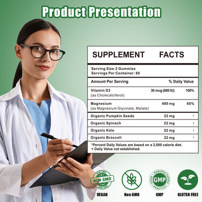 Magnesium Glycinate Gummies 400mg Supplements with Magnesium Malate & Taurate | Vitamin D3 Spinach | Kale | Broccoli