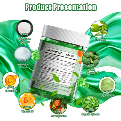 Magnesium Glycinate Gummies 400mg Supplements with Magnesium Malate & Taurate | Vitamin D3 Spinach | Kale | Broccoli